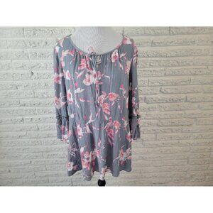 Lane Bryant Womens Top 18 20 Tunic Bell Sleeve Boho Blue Floral Crochet FLO300E